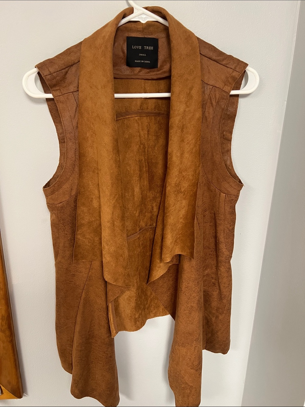 Love Tree Open-Front Faux Suede Draped Vest - Cognac Brown